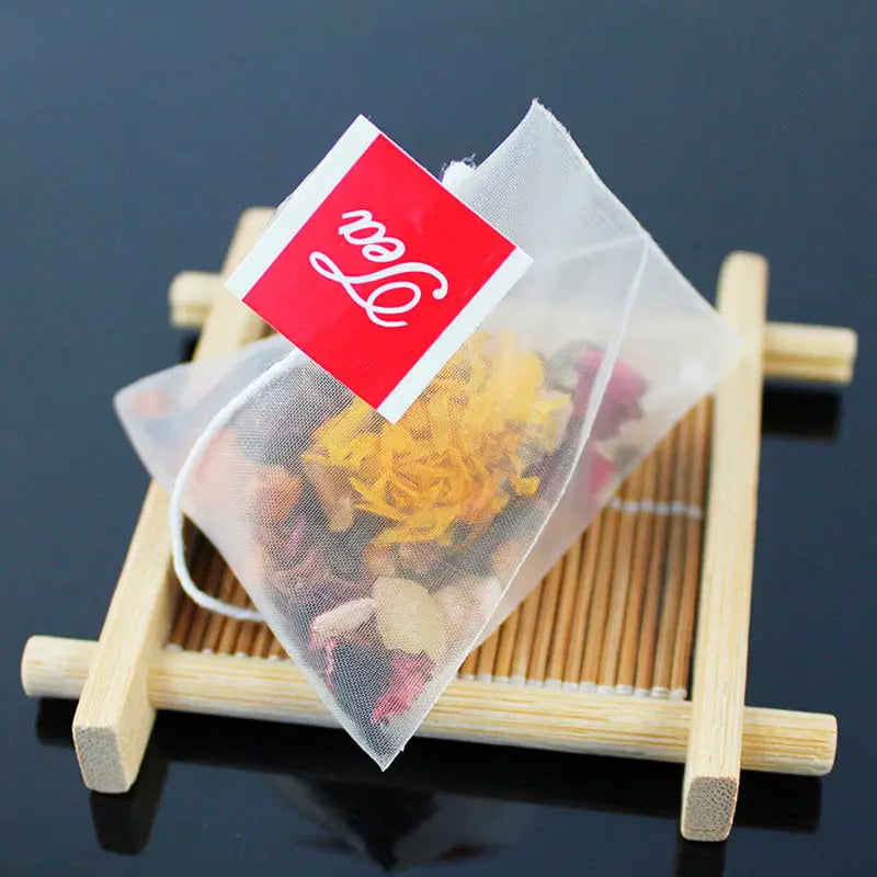 Filtrante nylon "Pirámide" etiqueta Tea La Semillita Peruana