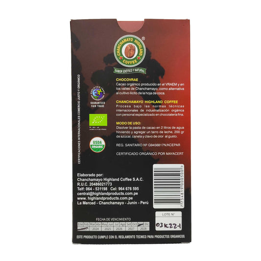 Pasta pura de cacao orgánico, caja x100 gr Chanchamayo Highland Coffee