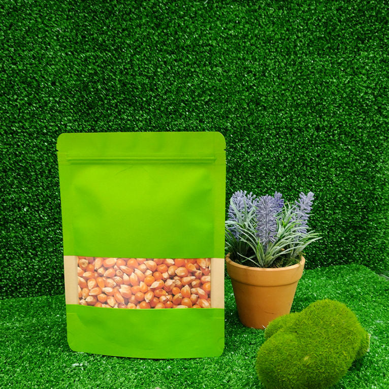 BOLSA KRAFT VERDE CON VENTANA TRILAMINADO, CON ZIPPER, ABRE FÁCIL