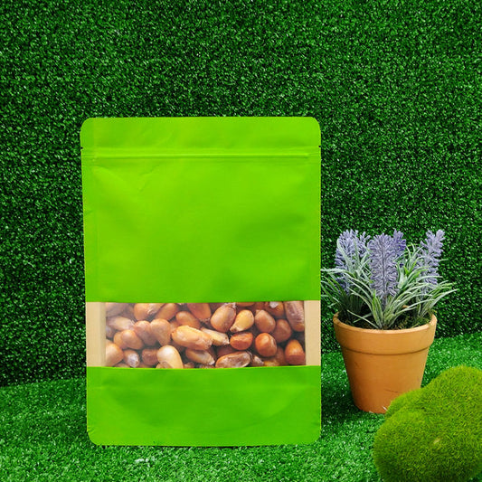 BOLSA KRAFT VERDE CON VENTANA TRILAMINADO, CON ZIPPER, ABRE FÁCIL