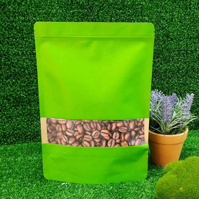 BOLSA KRAFT VERDE CON VENTANA TRILAMINADO, CON ZIPPER, ABRE FÁCIL