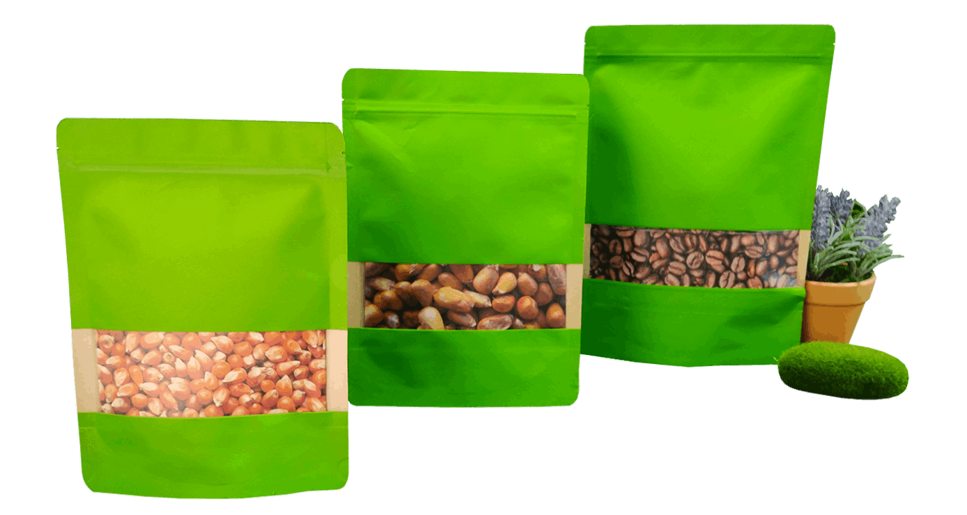 BOLSA KRAFT VERDE CON VENTANA TRILAMINADO, CON ZIPPER, ABRE FÁCIL